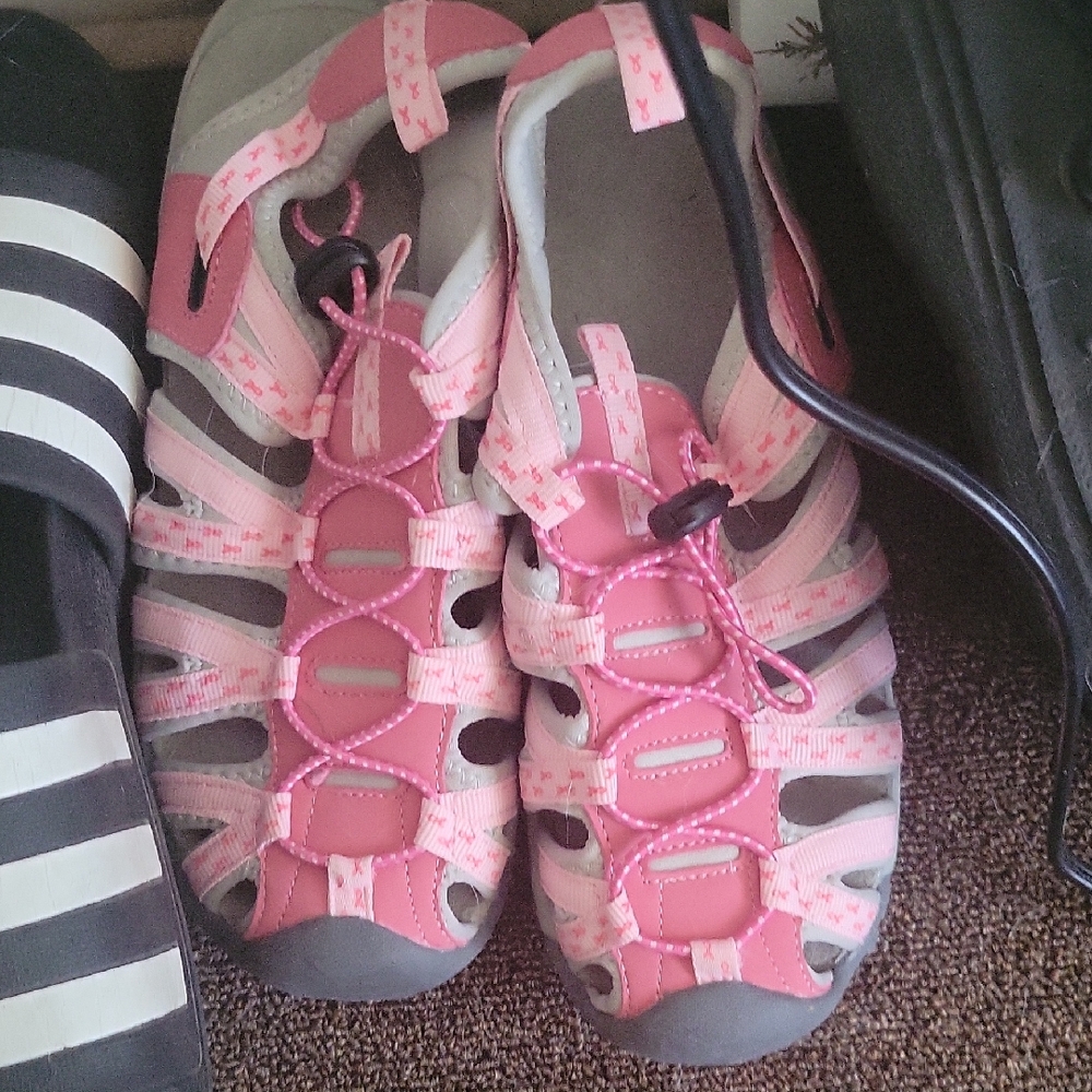Pink and Gray Cage Sandals with Woven Design